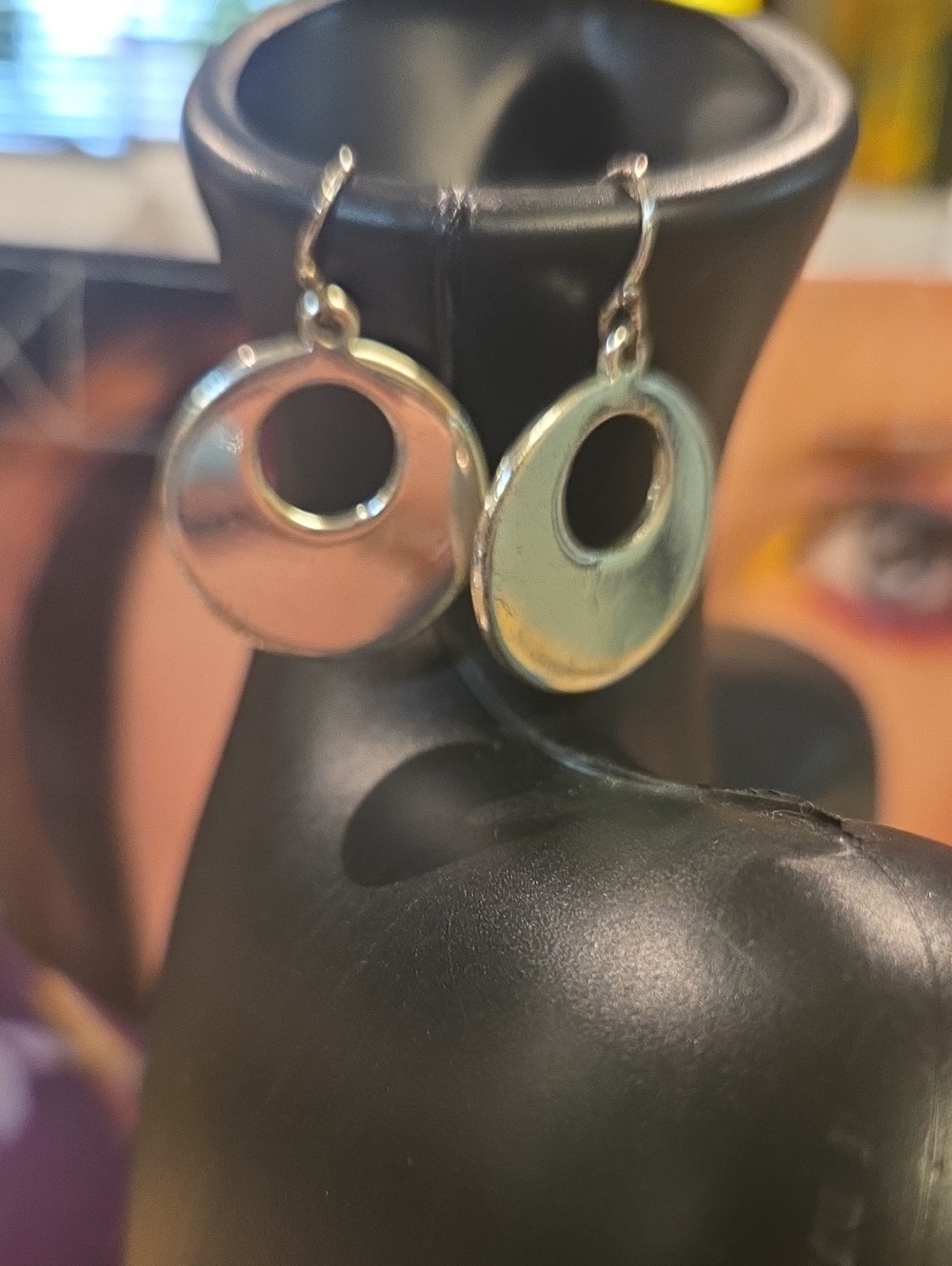 Silver Tone Geometric Hollow Disc Dangle Earrings Minimalist Modern [1416].